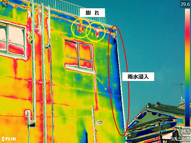 モルタルの外壁の劣化写真。黄色丸は、膨れ箇所の高温、赤丸の低温は、雨水浸入箇所です