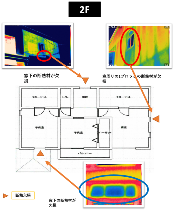 赤外線サーモグラフィでの、断熱材の欠損箇所を調査結果